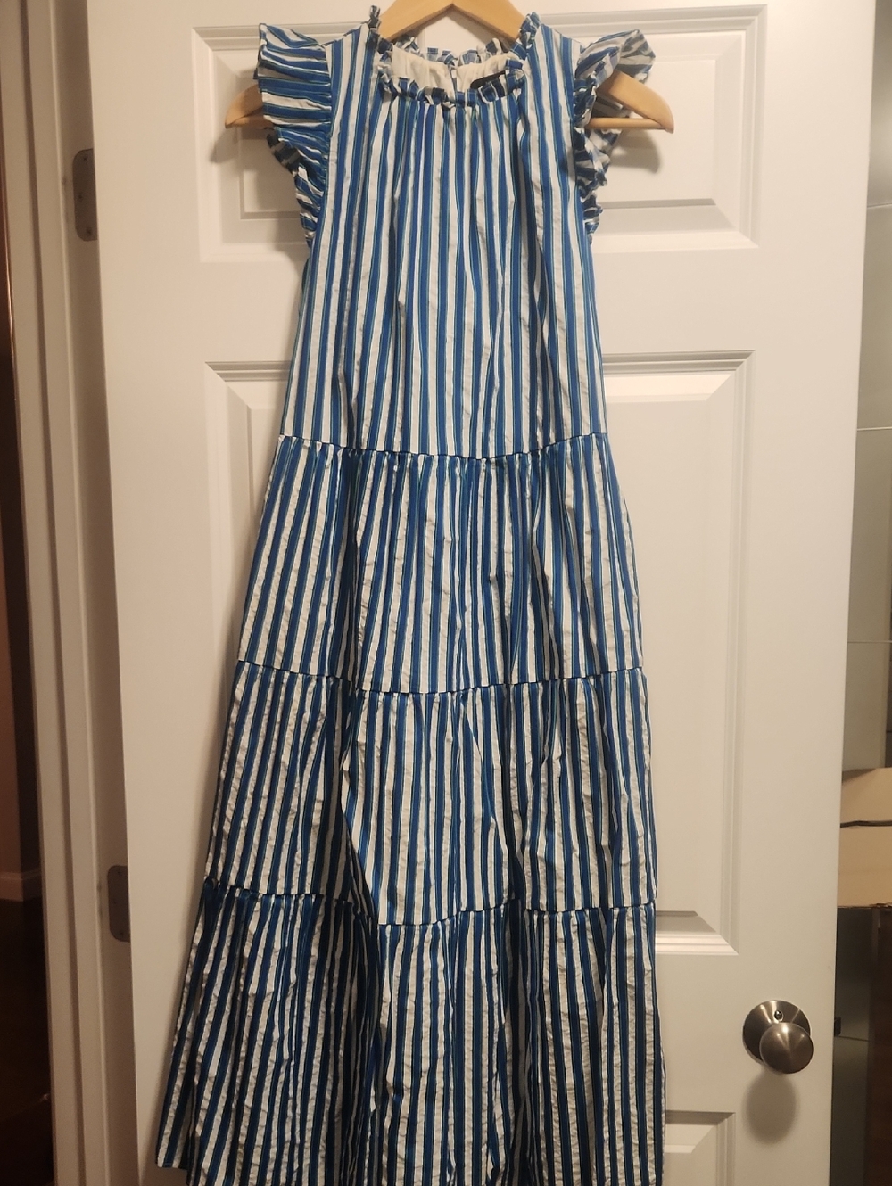 J. Crew Blue Green and White Striped Tiered Ruffle Dress - Picture 11 of 11